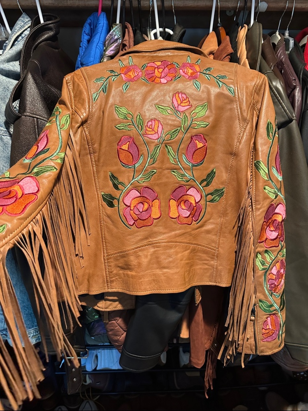 Free people x MAURITUS Crissy brown leather fringe jacket floral Size L - Picture 5 of 11